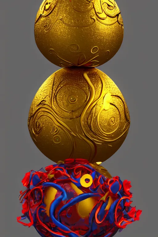 Image similar to a detailed glowing egg with swirls of red and blue emerging from the blossom of a metallic gold flower with tendrils of gold wrapping around the egg, an egg sitting inside a rose made out of silver and gold, fantasy concept art, unreal engine 5, volumetric lighting, trending on artstation