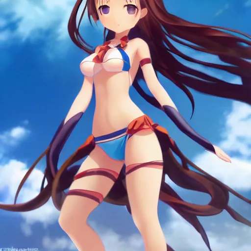 Image similar to a giant macro very beautiful young yuuki asuna, full body, long wavy hair, sky blue eyes, full round face, bikini, miniskirt, standing next to a dwarf, cinematic wallpaper by stanley artgerm lau
