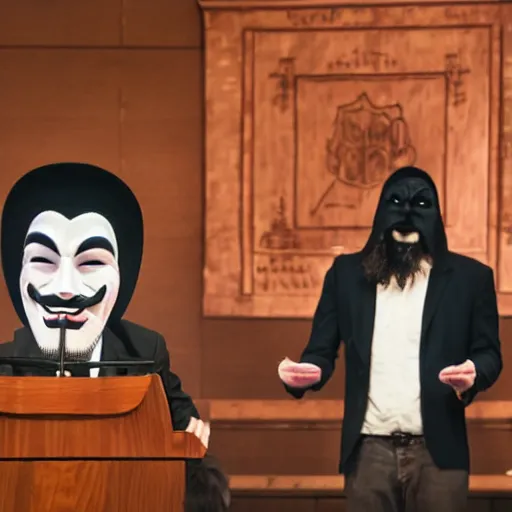 Image similar to man wearing guy fawkes mask at lectern speaking to university hall, photo, cinematic lighting