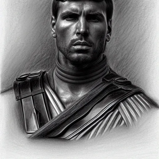 Prompt: portrait of roman legionary, tom finland, bouguereau, pencil drawing