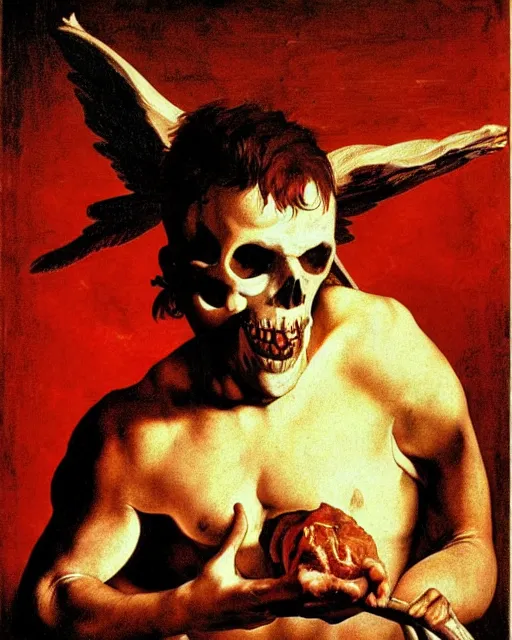 Prompt: an angel with a skull made of meat for the head by caravaggio, dramatic lighting, blood, god rays, angelical