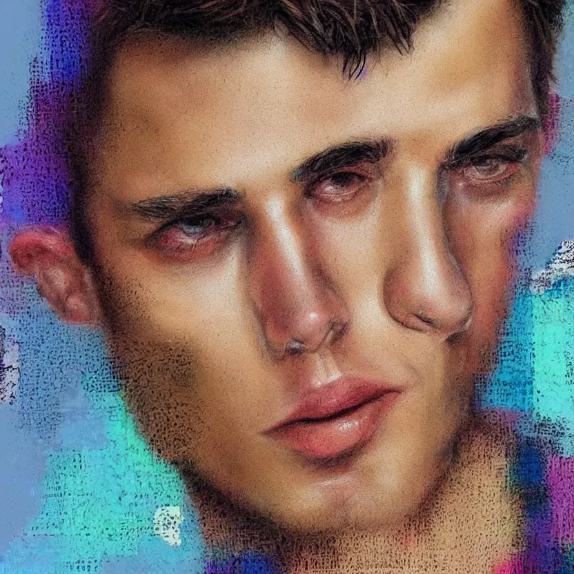 Image similar to close up portrait painting of a male in nineties street styling, concept art, intricate details, aesthetically pleasing pastel colors, art by rotella, mimmo, collage, portrait