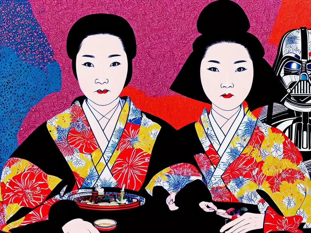 Image similar to hyperrealistic composition of the detailed woman in a japanese kimono sitting at a extremely detailed black jack table with darth vader, fireworks, mountain fuji on the background, pop - art style, jacky tsai style, andy warhol style, acrylic on canvas