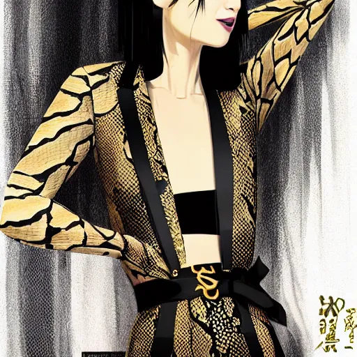 Image similar to yakuza slim girl, gold suit jacket in snake print, jacket over bare torso, yakuza tattoo Irezumi on body, black short curtain haircut, black leather pants with black belt, portrait, beautiful face, elegant, 2d, ultra highly detailed, digital painting, smooth, sharp focus, artstation, art by Ilya Kuvshinov, rossdraws