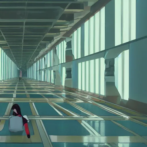 Image similar to a slimegirl in a bright white hallway with many doors and many stairs, Mc Escher architecture, epic composition, by Makoto Shinkai