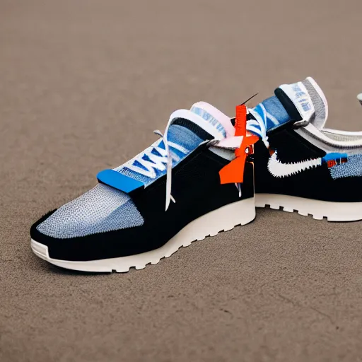 Image similar to a studio photoshoot of Nike Off-white running sneakers designed by Virgil Abloh, soft suede with knitted mesh material, rubber Waffle outsole, realistic, color film photography by Tlyer Mitchell, 35 mm, graflex