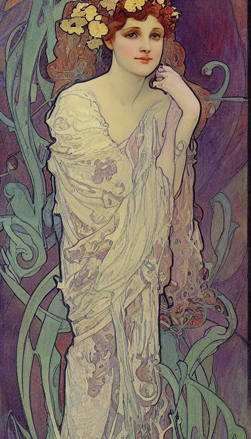 Image similar to beautiful girl,art nouveau,Alfons Mucha