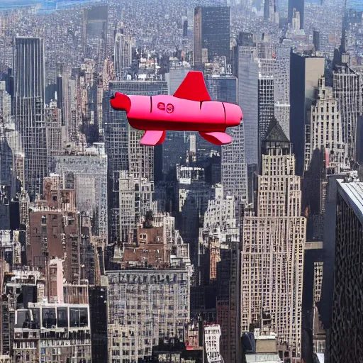 Image similar to a pig flying above new york