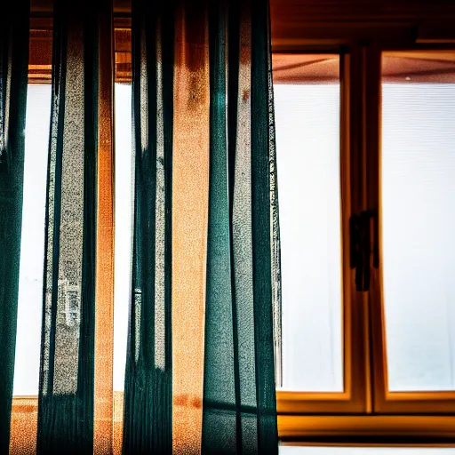 Image similar to a detailed photograph of the outside of a house with curtains in the windows 8 k, highly detailed, editorial, someone is watching you from behind the curtain