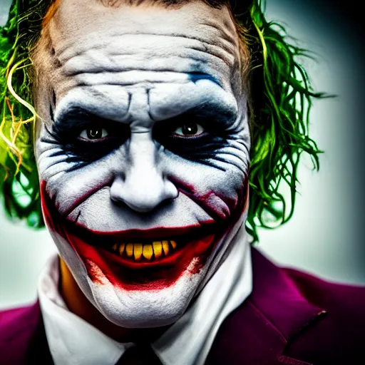 Prompt: heath ledger\'s joker, joke, very joker, the joker, the dark knight joker, very very joker, batman joker, realistic, photorealistic, high-resolution, 4k, 8k, sigma art 85mm f1.4, high contrast, large sensor dslr, professional photo, the joker, joker