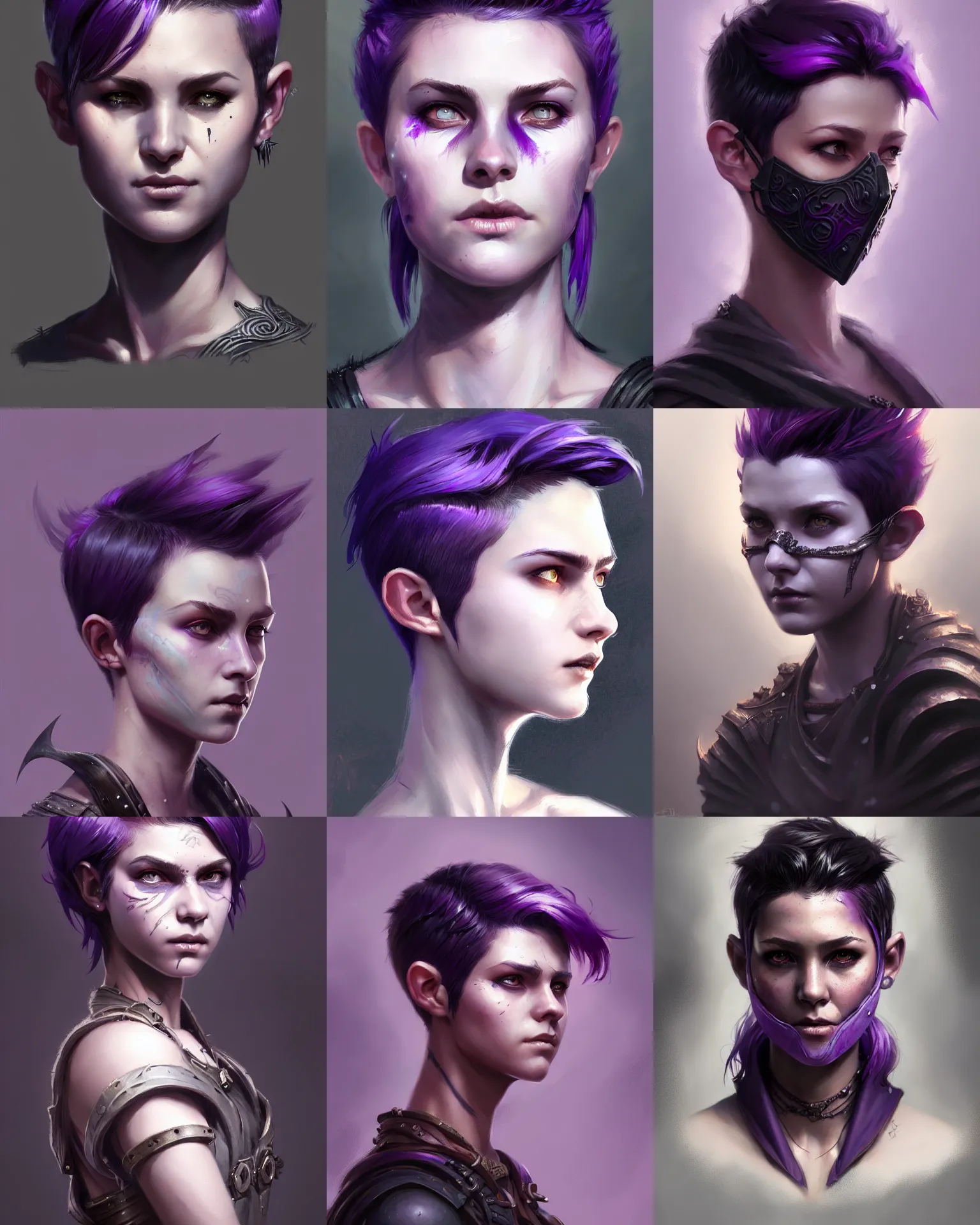 Prompt: Portrait of rugged young adult female, D&D fantasy magic, pixie undercut hairstyle, black to purple fade hairstyle, wearing dark face mask, intricate, highly detailed, digital painting, artstation, concept art, sharp focus, illustration, art by greg rutkowski and ross draws
