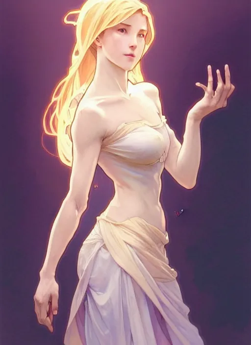 Image similar to digital character concept art by artgerm and greg rutkowski and alphonse mucha. clear portrait of a young wife blessed by god to uncontrollably become overwhelmingly perfect!! blonde, casually clothed! obviously feminine holy body!! light effect. hyper detailed, glowing lights!! intricate, elegant, digital painting, artstation, smooth, sharp focus