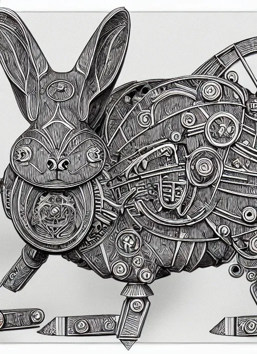 Prompt: full page scan of detailed concept art of very technical and detailed blueprint of a rabbit wood robot, intricate details, ultra - detailed, baroque style, illustration, desaturated, concept art, ornate symbolic border