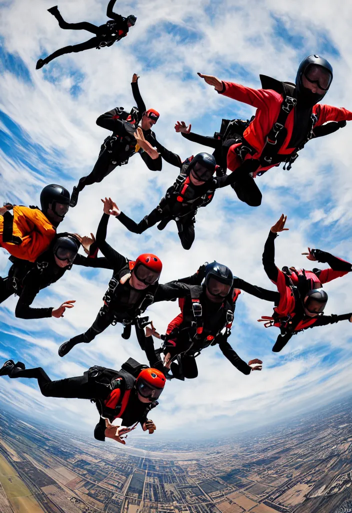 Image similar to fashion editorial skydive. wide angle shot. highly detailed.