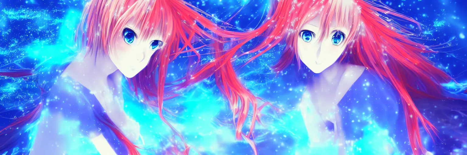 Image similar to glitched background, broken screen, advanced digital anime art, a very cute gorgeous teenage girl with a body made of fire and ice , full body, very long snow colored hair, sky blue highlights in hair, red fiery watery eyes, wearing a dress made of water, full round face, dramatic cinematic lighting, wideshot, highly intricately detailed, trending on pixiv, Artstation, painted by Rossdraws and the style of Sakimimichan