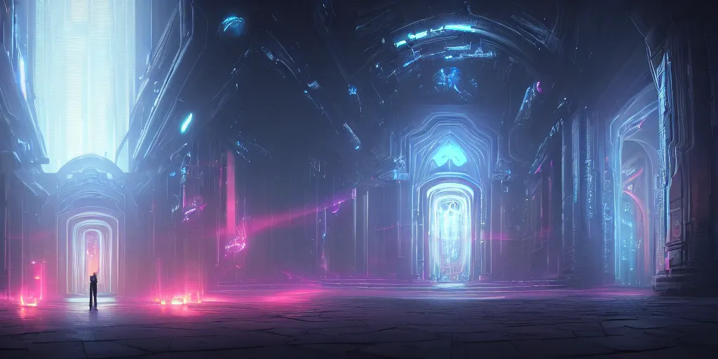 Image similar to portal to the ethereal realm, centered composition, intricate concept art, ethereal, ominous, mysterious, enchanted, magic, dramatic lighting, illuminated lines, outrun, vaporware, illuminated runes, cyberpunk darksynth, dark background, 8 k, octane render, by james paick and stephan martiniere and alphonse mucha