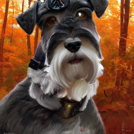 Image similar to portrait of stoic looking miniature schnauzer, military uniform, black fir, white eyebrows, fantasy, intricate, elegant, highly detailed, autumn color, rustic, centered, dark, smokey, charcoal painting, digital painting, artstation, concept art, smooth, sharp focus, illustration, art by artgerm and greg rutkowski and alphonse mucha