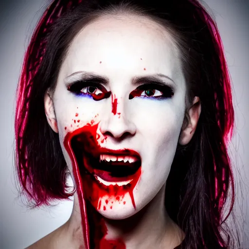 Prompt: portrait photo of a female cyborg vampire blood coming from the mouth and eyes
