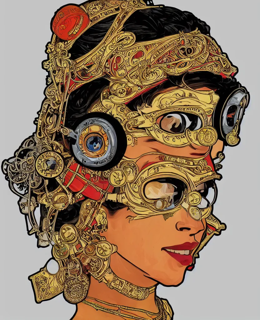 Image similar to face portrait of a kathakali dancer with traditional facepaint wearing madmax style steampunk goggles, art by alphonse mucha, sticker, one head isolated on white background, one single head, closeup portrait, colorful, illustration, highly detailed, smooth and clean vector curves, no jagged lines, vector art, marvel comics style, artstation, smooth