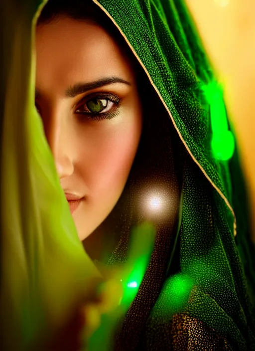 Prompt: a young beautiful arabian woman looking straight ahead with lights reflected in her green eyes, dark hair, 5 0 mm, symmetrical, hyperdetailed photograph, intricate details, in the style of a national geographic portrait, global illumination, radiant light, detailed and intricate environment, dark background