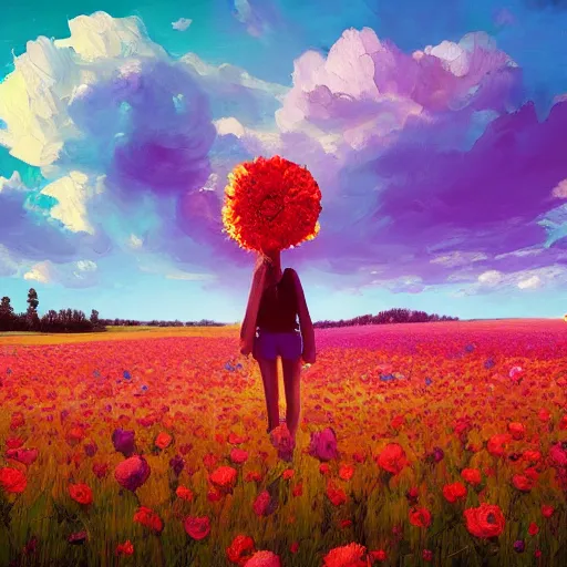 Image similar to giant rose flower head, full body girl standing in a flower field, surreal photography, sunrise, dramatic light, impressionist painting, colorful clouds, digital painting, artstation, simon stalenhag