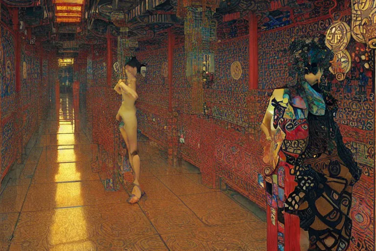 Image similar to cyberpunk chinese ancient castle, fantasy, painting by Gustav Klimt, greg rutkowski and alphonse mucha