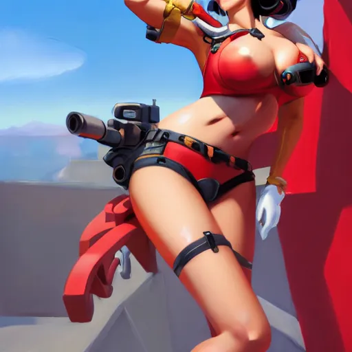Image similar to pinup overwatch tracer in a red bikini, artwork by sergey kolesov, medium shot, asymmetrical, organic painting, sunny day, matte painting, bold shapes, hard edges, street art, trending on artstation, by huang guangjian and gil elvgren and sachin teng