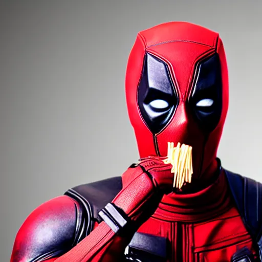 Image similar to Deadpool eating spaghetti, professional photography