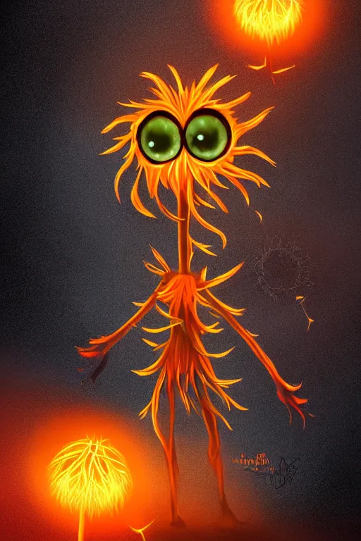 Image similar to a glowing humanoid figure dandelion monster with large glowing eyes, orange background, highly detailed, digital art, sharp focus, trending on art station, plant, anime art style