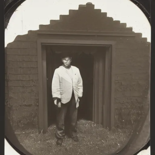 Prompt: san francisco, strawberry hill, post - nuclear city in background, man standing in front of bunker door, tintype photograph