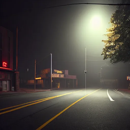 Image similar to A stunningly beautiful award-winning down angle 8K high angle cinematic movie photograph of a dark foggy lightless main intersection in an abandoned 1950s small town at night, by David Fincher and Darius Khonji, cinematic lighting, perfect composition, moody low key volumetric light. Color palette from Seven, greens yellows and reds. 2 point perspective, high angle from 15 feet off the ground. Octane render