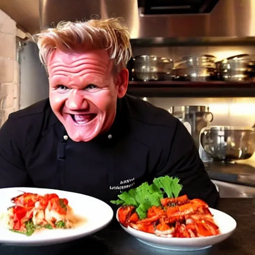 Image similar to gordon ramsay smiling ear to ear after making a lobster dish