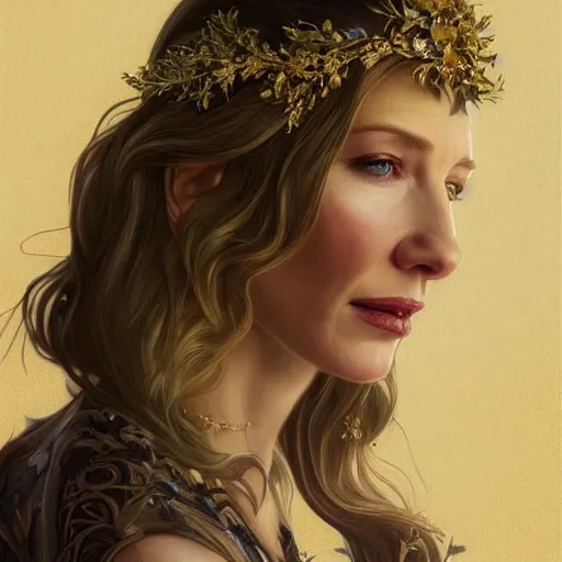 Image similar to Portrait of cate blanchett wearing a floral crown, olive skin, long dark hair, beautiful bone structure, shiny gold background, intricate, elegant, highly detailed, digital painting, artstation, concept art, smooth, sharp focus, illustration, art by artgerm and greg rutkowski and alphonse mucha