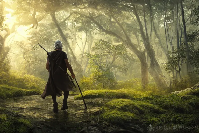 Prompt: odin all father walking through the forest with his cane during a beautiful sunset, jungle mountains in the background with huge incredibly immense trees, highly detailed, trending on art station, flying birds in the distance, ancient forest like fanal forest or fangorn forest, misty forest, realistic painting, sharp image, jurassic image, hyper realistic art, highly detailed leaves, cinematic