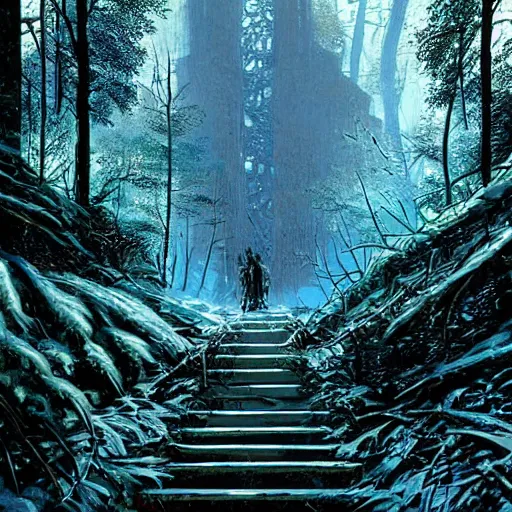 Image similar to stairs leading to a frozen derelict portal in a middle of a snowy lush futuristic forest, green lush world seen only through a portal, daylight, cinematic lighting, blue sky, syd mead, john harris