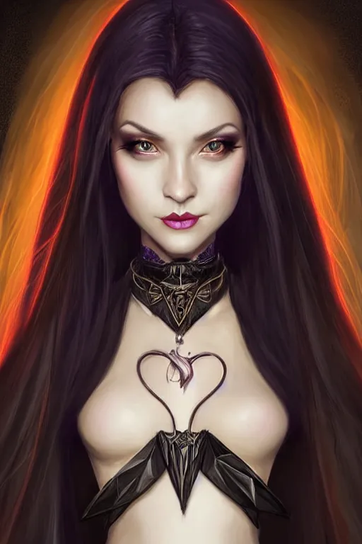 Image similar to portrait of a gorgeous female warlock, looking at camera, D&D, choker on neck, stylish dark dress, mouth slightly open, cute slightly nerdy smile, very long flowing hair, intricate, elegant, stylish, fantasy, extremely detailed, digital painting, artstation, concept art, smooth, sharp focus, illustration, stunning lighting, art by artgerm and greg rutkowski and alphonse mucha and simon stalenhag