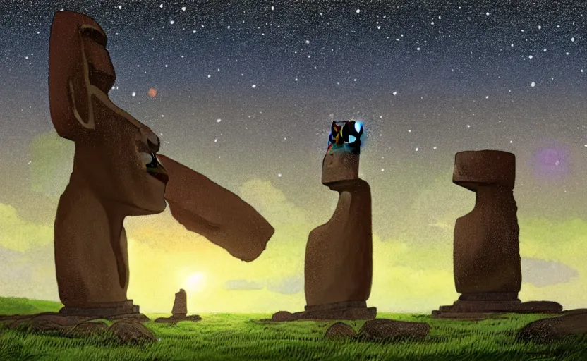 Prompt: a cell - shaded studio ghibli concept art study of a square dimensional portal doorway in easter island on a misty starry night. water is flowing out of the mouth of the portal. very dull colors, hd, 4 k, hq