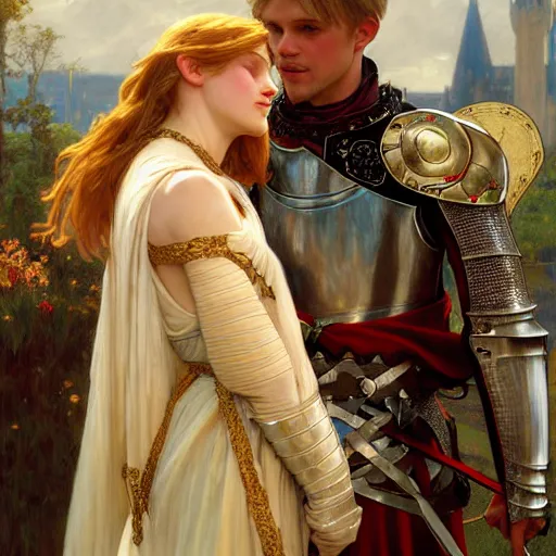 Image similar to attractive arthur pendragon and his favourite attractive male knight, they are in love, camelot, natural lighting, path traced, highly detailed, high quality, digital painting, by gaston bussiere and ross tran and j. c. leyendecker and alphonse mucha