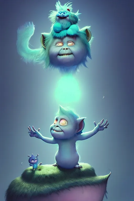 Image similar to a surreal Bioluminescent, very very very cute troll in a happy world by Daniel Merriam, Trending on Artstation, oil on Canvas by Elena Zhurikhina and Goro Fujita and Charlie Bowater, octane render, 4k, 8k, HD