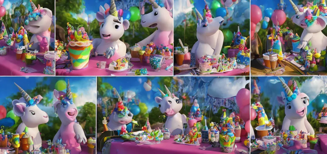 Image similar to a medium shot of a unicorn and koala enjoying ice cream cones at a birthday party for penguins, highly detailed, Pixar movie, anamorphic lens