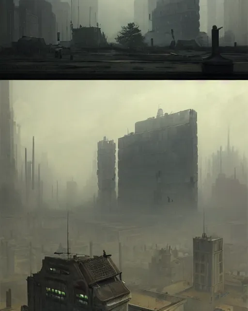 Image similar to brutalist dieselpunk polluted city of warsaw, poland. fantasy art by greg rutkowski, gustave courbet, rosa bonheur, edward hopper. faithfully depicted architecture, realistic, sharp focus, global illumination, radiant light, detailed and intricate environment, trending on artstation