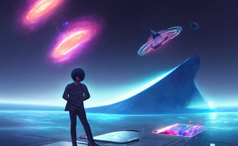 Image similar to handsome black genius hacking the metaverse, vr headset, holographic keyboard and curved digital holographic displays, floating through spacetime, exploding nebulae, highly detailed, digital painting, artstation, concept art, smooth, sharp focus, illustration, art by wlop, mars ravelo and greg rutkowski