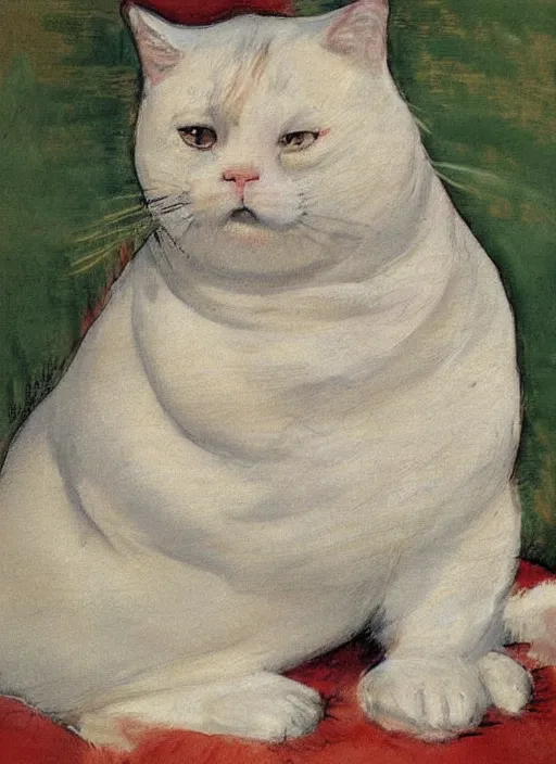 Prompt: vintage beautiful painting of a fat white cat in Mary Cassatt style