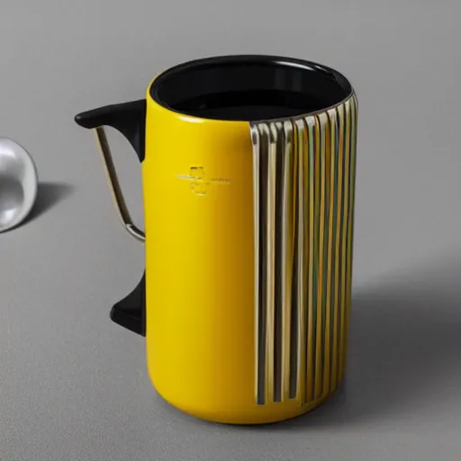 Prompt: yellow coffee mug full of steaming coffee, mugs surface is made of rimowa aluminium suitcase,