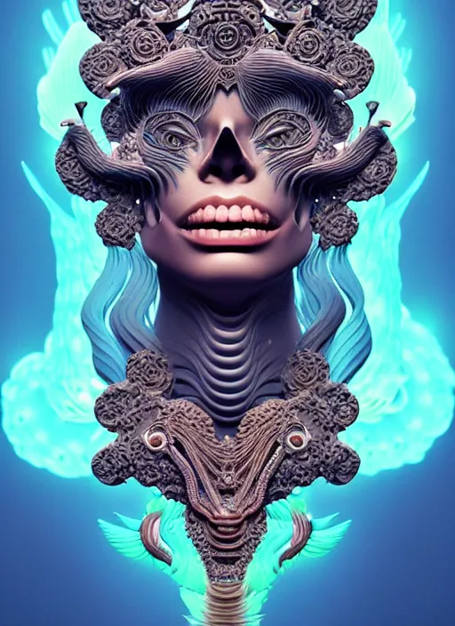 Image similar to 3 d goddess profile portrait, sigma 5 0 0 mm f / 5. beautiful intricate highly detailed quetzalcoatl skull and feathers. bioluminescent, plasma, lava, ice, water, wind, creature, thunderstorm! artwork by tooth wu and wlop and beeple and greg rutkowski, 8 k trending on artstation,