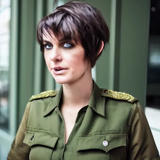 Image similar to brunette woman, short hair, flipped out hair ends, bright green eyes, military uniform, smirk