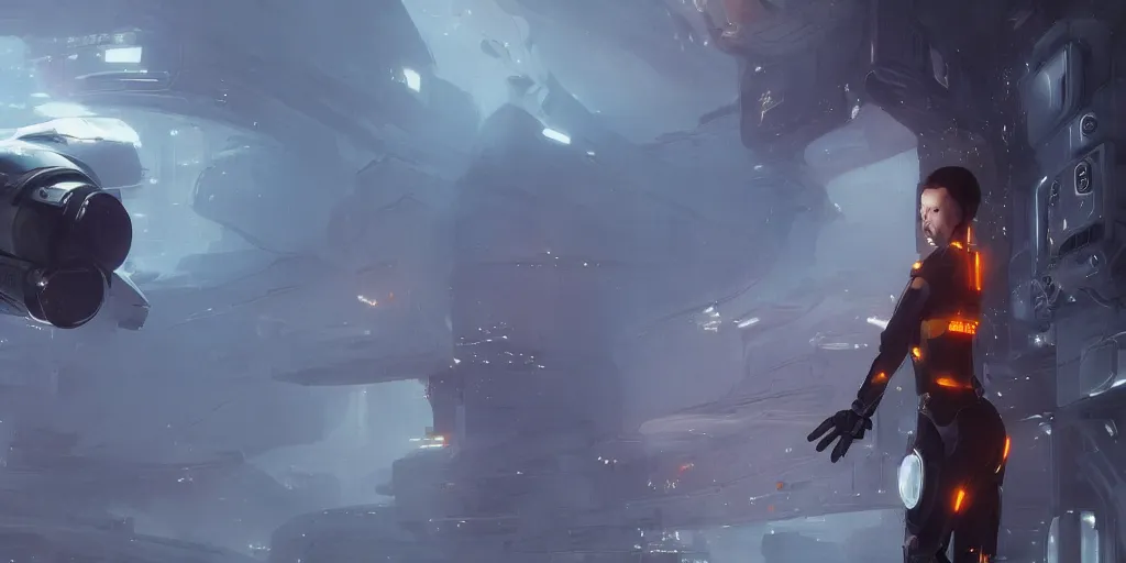 Image similar to girl in the sci - fi heavy suite, deep space, gray and orange colours, landing gear, avatar, cinematic keyframe, by fausto de martini, by wadim kashin, ultra realistic, cinematic light, ue 5, featured on artstation, octane render, sharp focus, ray tracing, artstationhq, cgsociety, cinematic 8 k.