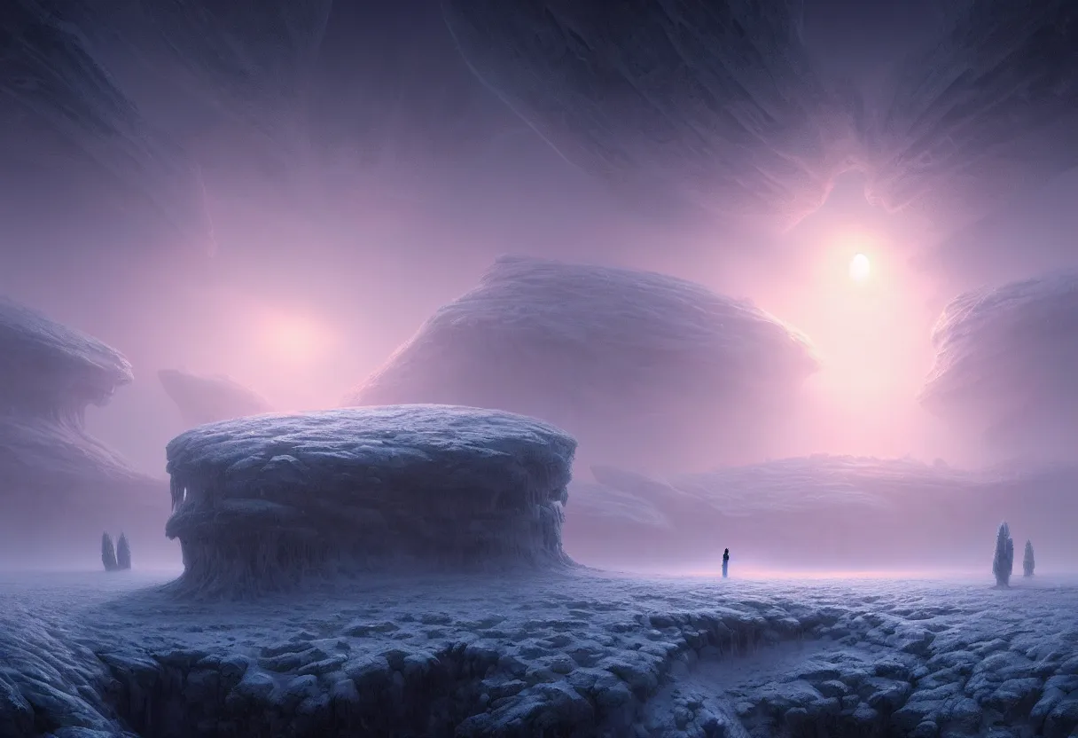 Image similar to surface of frozen winter alien planet at sunset, ultra high definition, ultra detailed, symmetry, fog, matte painting, by greg rutkowski and ross tran and wlop