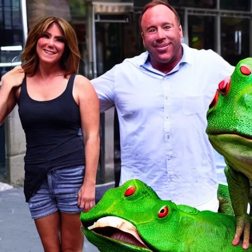 Prompt: alex jones and a giant frog atten the pride festival together