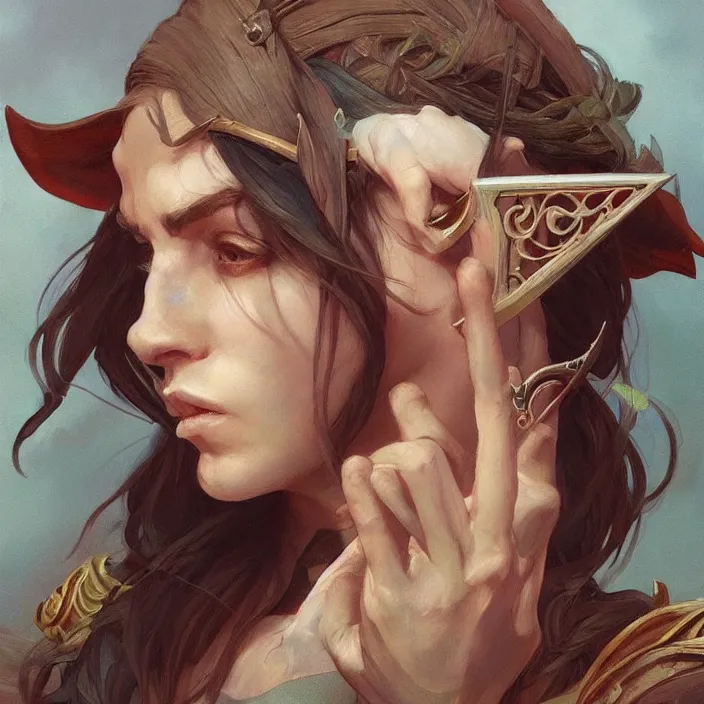 Image similar to excellent painted portrait of a half-elf bard, high quality painting with detailed face, 4k, trending on artstation, octane render, art by artgerm and greg rutkowski and alphonse mucha and craig mullins and James Jean and Andrei Riabovitchev and Marc Simonetti and peter mohrbacher